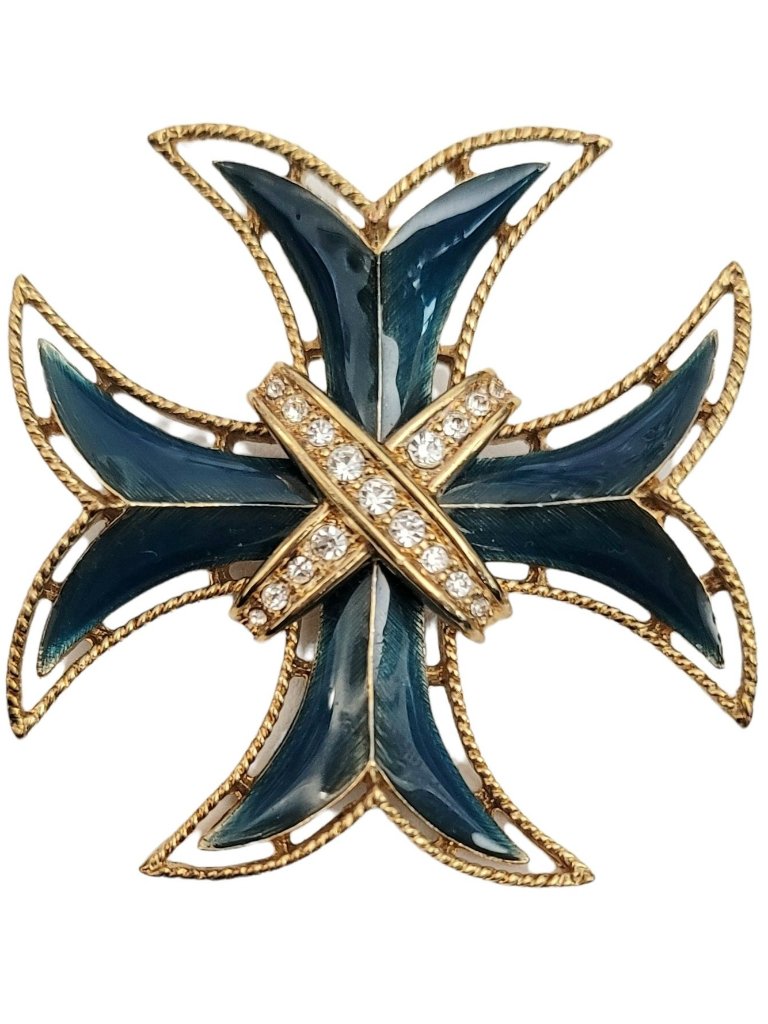 Monet Vintage Gold Tone Teal Enamel Maltese Cross Brooch, Signed